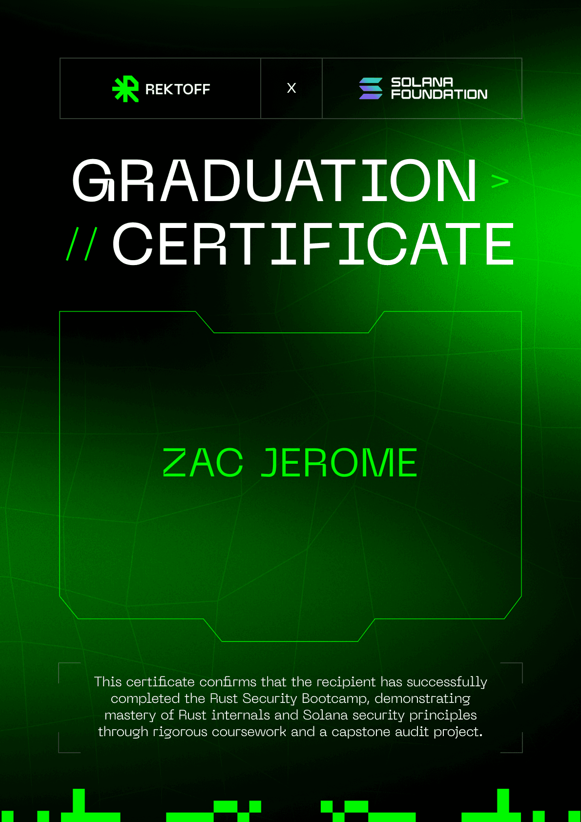 Rektoff x Solana Foundation Rust Security Bootcamp graduation certificate, awarded to Zac Jerome